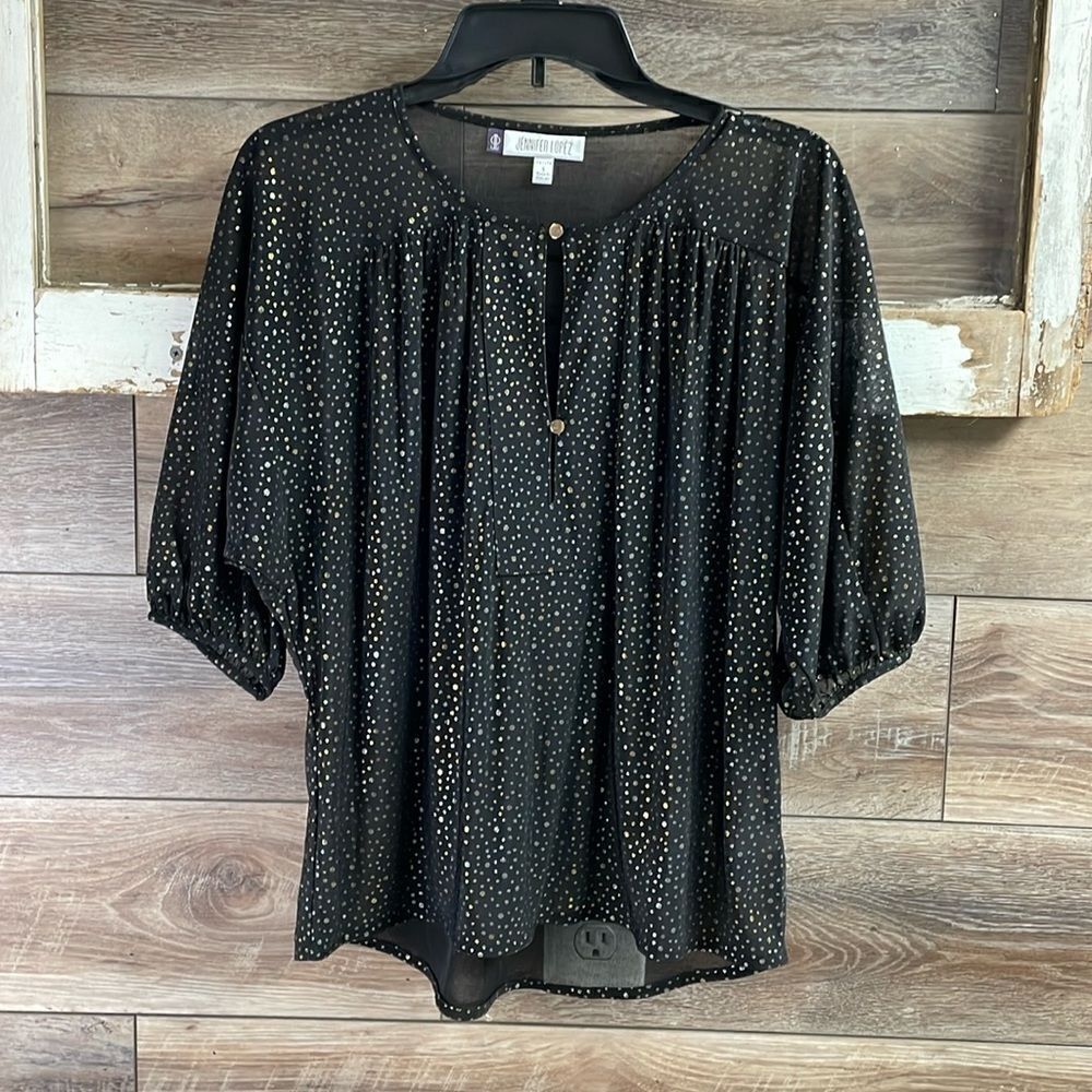 Jennifer Lopez Sheer Black with Gold Polka Dot Dress Blouse, Size Petite Small